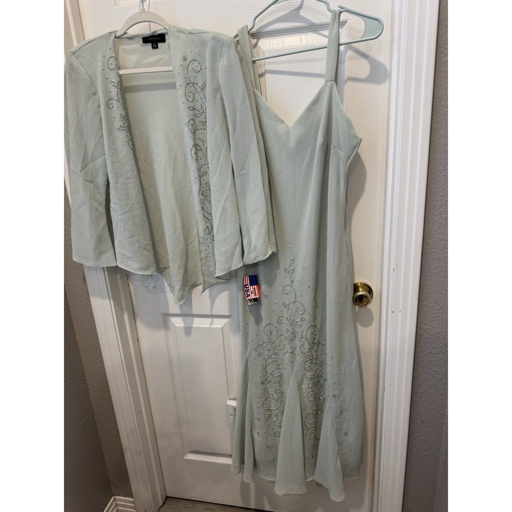 VTG‎ Y2k Formal Dress Mother Of Bride Jacket Set Ruffle Long Sage Green Large 16 - Picture 5 of 9
